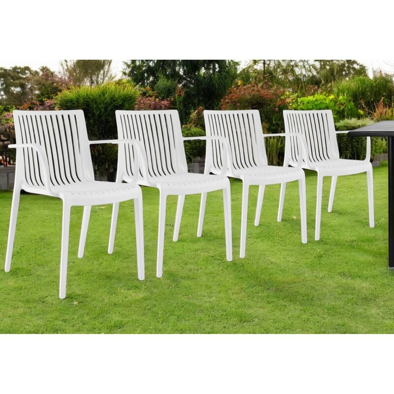 HomeRoots Set of Two White Heavy Duty Plastic Outdoor Stacking Arm Chairs - White