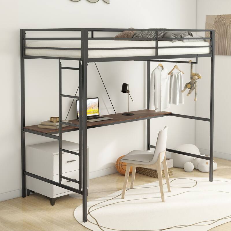 CUSchoice Twin Loft Bunk Black with Cinnamon Wood Desk and Closet Rod - Black - Twin