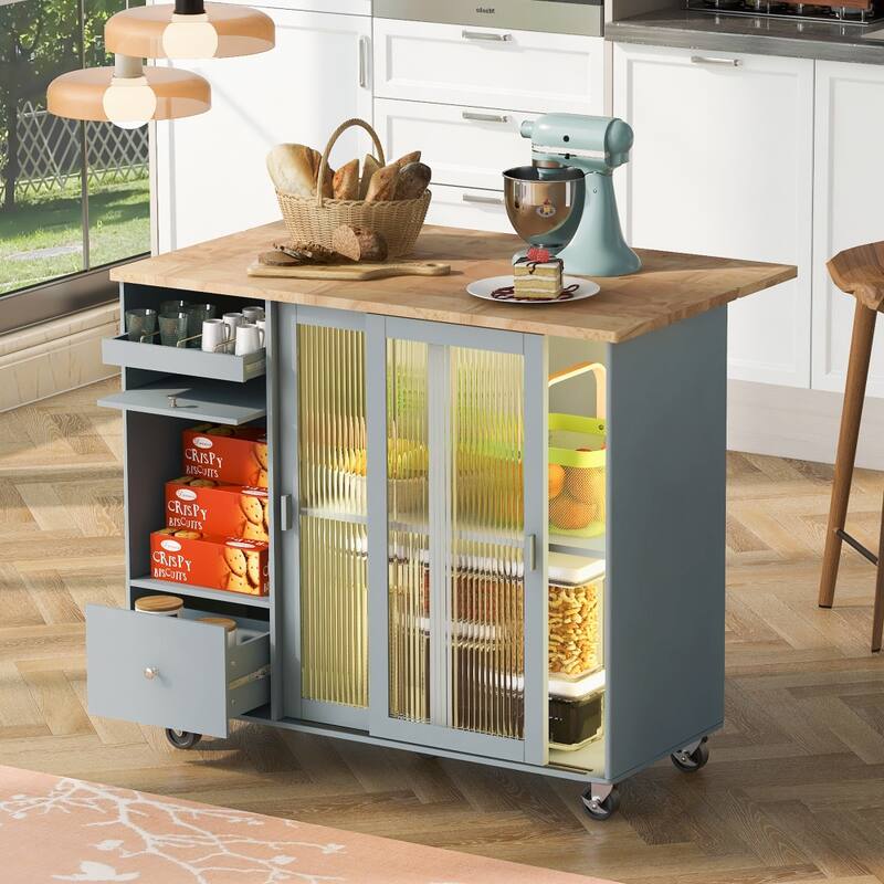 LED Light Kitchen Cart with Drop Leaf and Adjustable Shelf - Grey