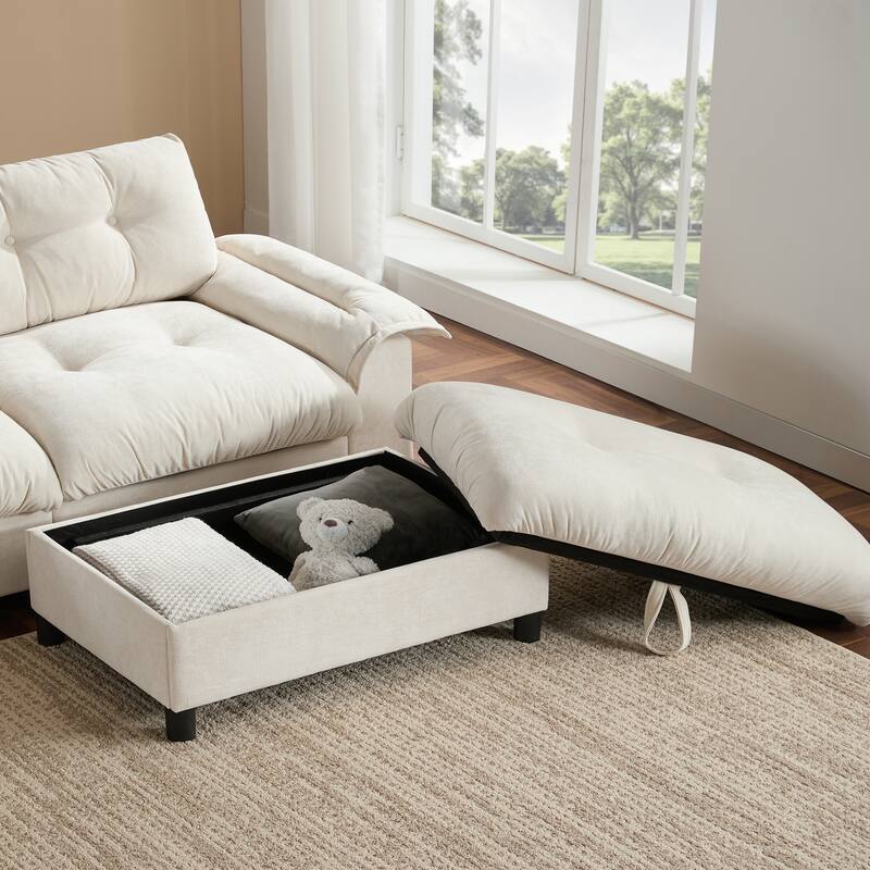 Chenille Tufted L-Shape Sectional Sofa with Storage Ottoman, Pockets and All-in-one Armrest with Dual-Port Charging, Cup Holder