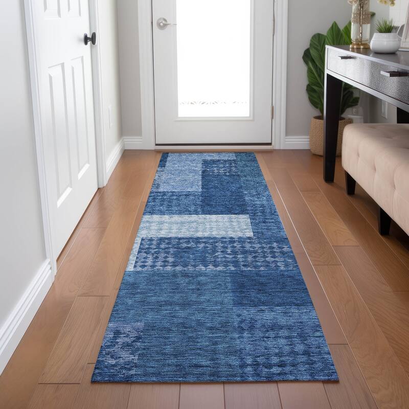 Machine Washable Indoor/ Outdoor Modern Blocks Chantille Rug