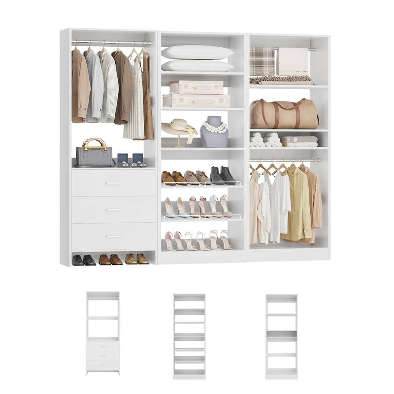 Set of 3 Closet Organizer with Drawers and Shoe Rack, Freestanding Closet System for Bedroom or Walk-in Closet