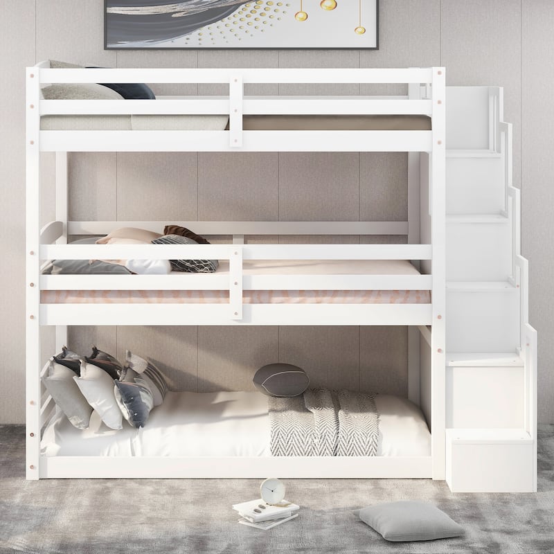 Separate Design Triple Bunk Bed with Storage Staircase, Converts to Bunk Bed and Platform Bed