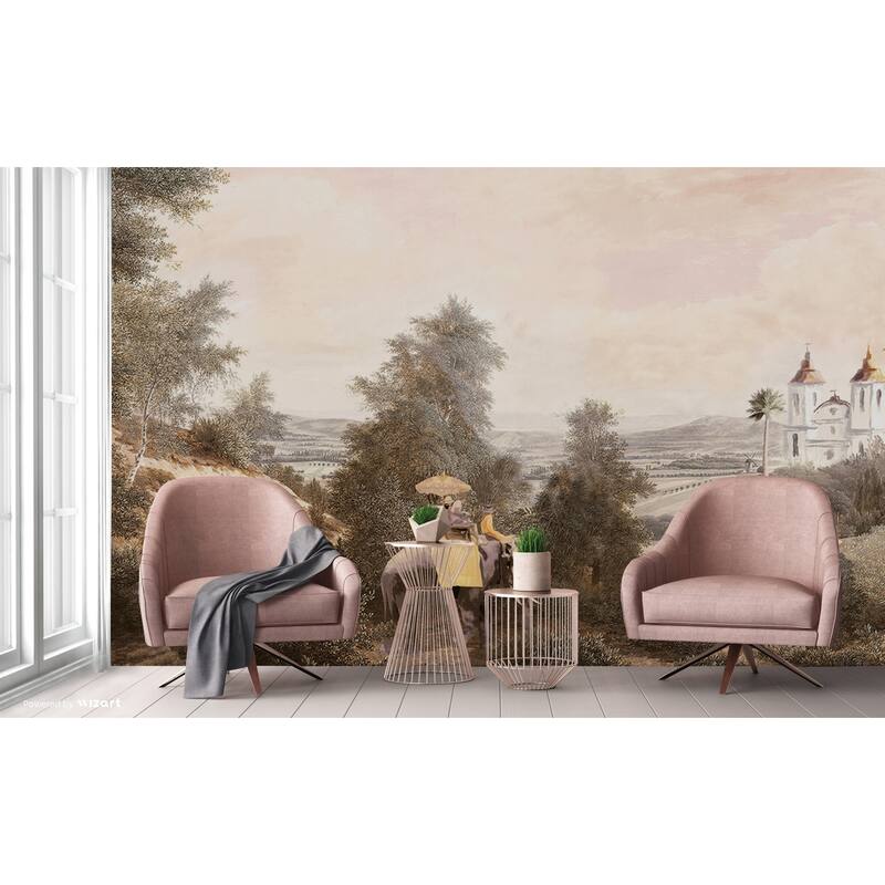 Vintage Scenic Wallpaper Mural with Elephant Ride and Serene Countryside Landscape - Brown - W:204" x H:110"