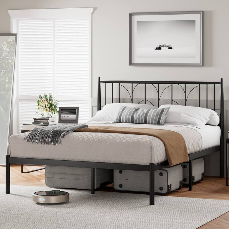 Platform Bed Frame with Wheat Head Headboard, Metal Mattress Foundation for Storage - Black - Full
