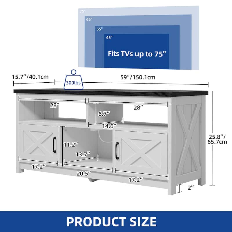 Farmhouse TV Stand for up to 65" TV with Doors and Open Shelves Media Console Power Outlet