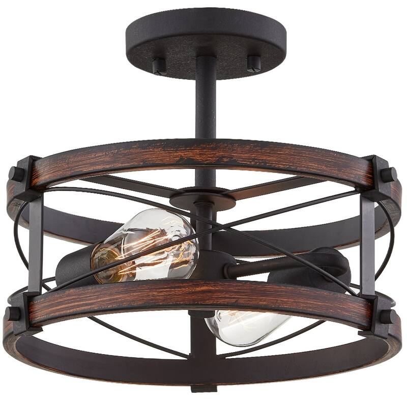 Richwood 2-Light Rustic Semi-Flush Mount Ceiling Light with Distressed Black/Wood Tone