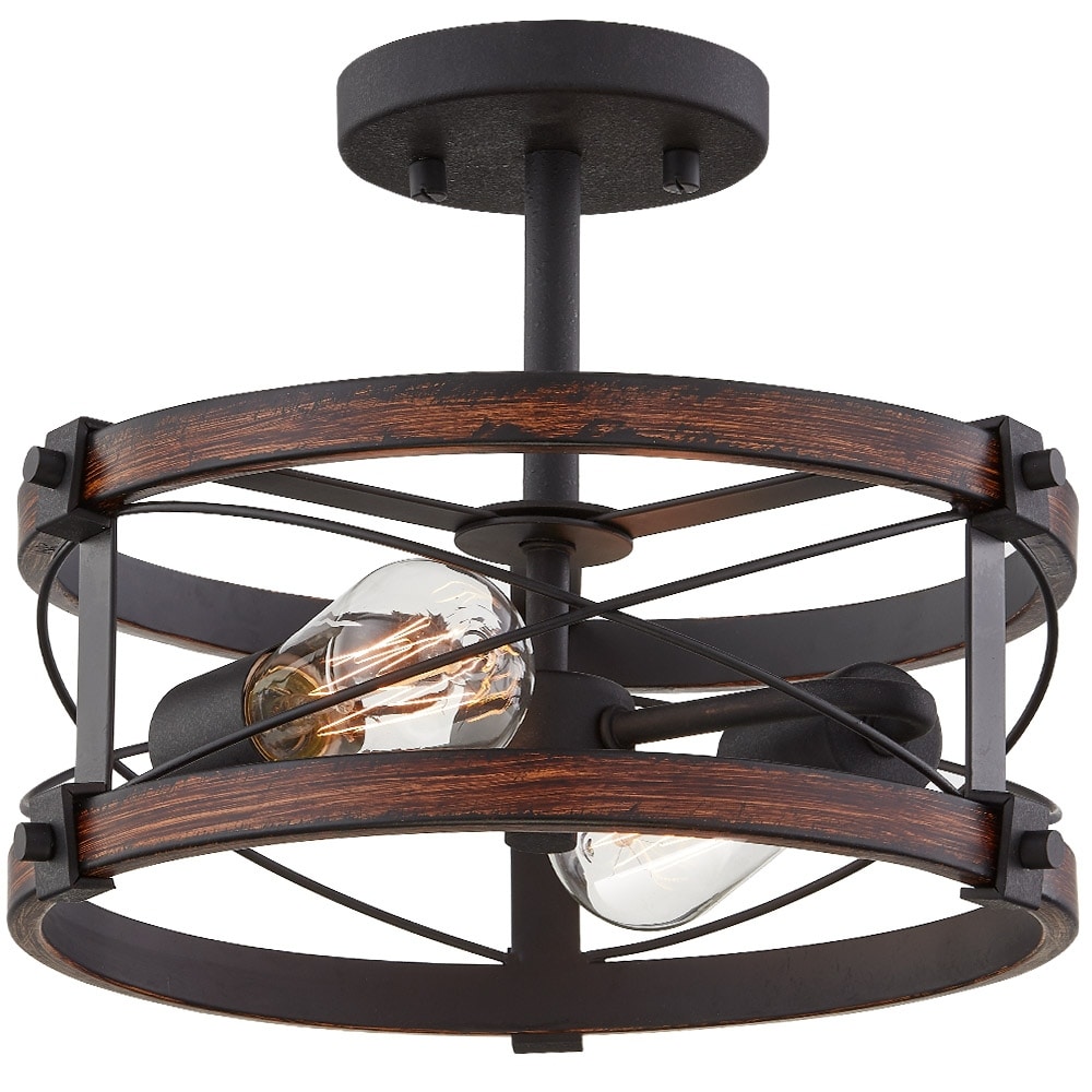 Richwood 2-Light Rustic Semi-Flush Mount Ceiling Light with Distressed Black/Wood Tone