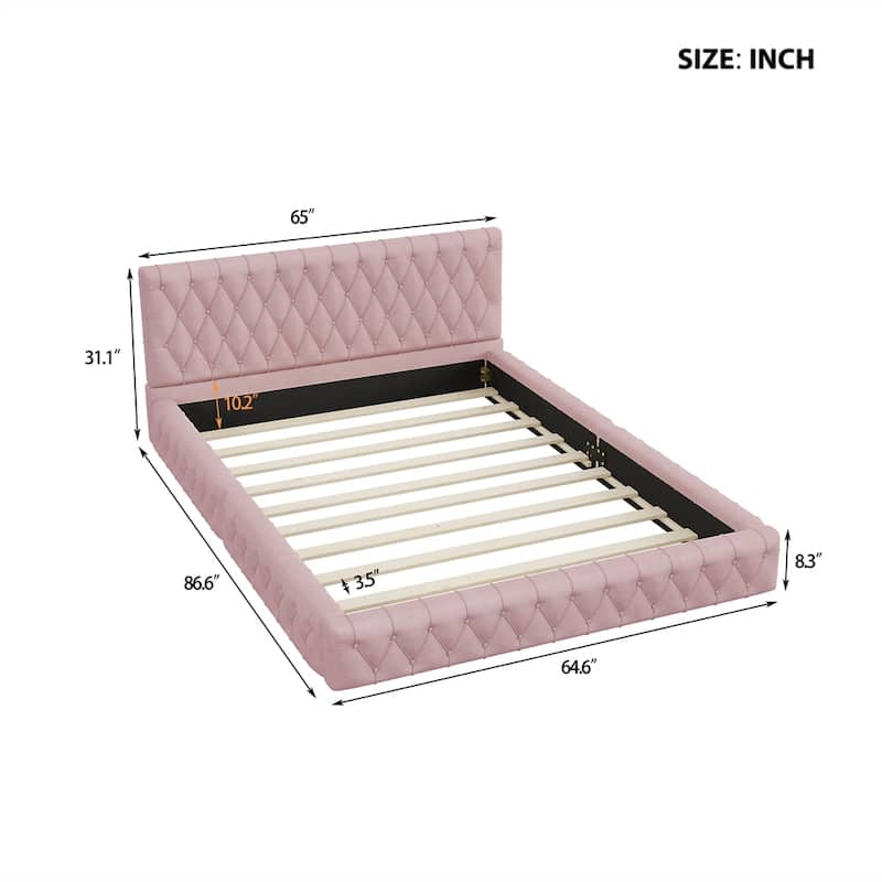 Modern Velvet Queen Size Platform Bed with Tufted Headboard