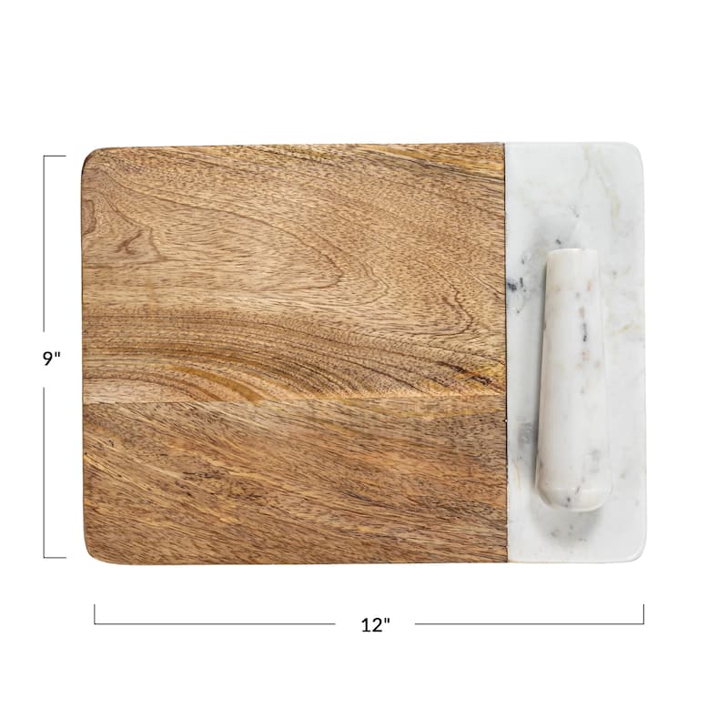 Mango Wood and Marble Cheese and Cutting Board with Pestle - 12.0"L x 9.0"W x 0.8"H