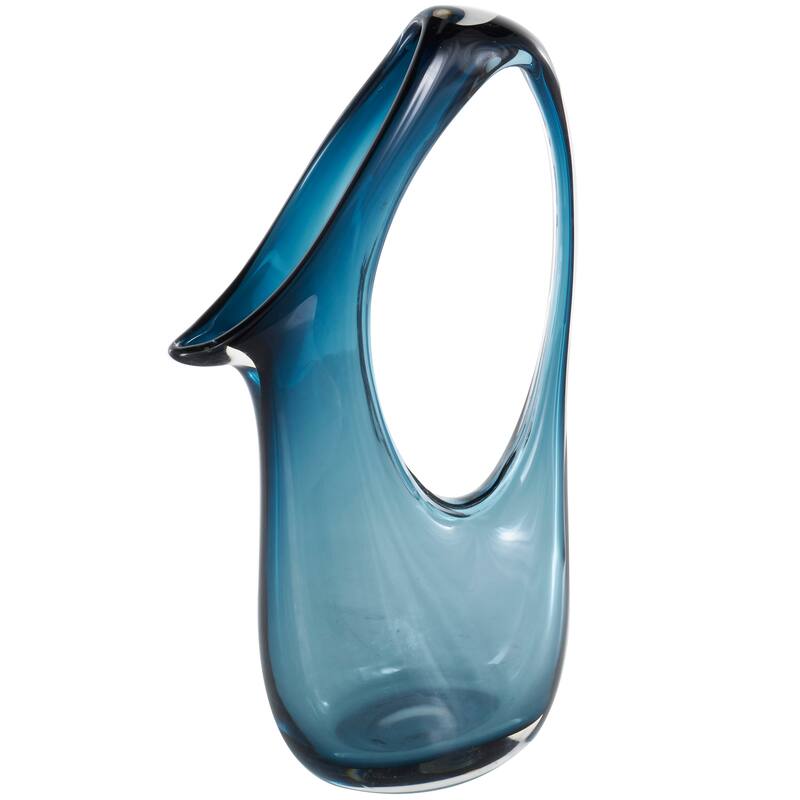 Blue Glass Abstract Vase with Cutout Handle and Elongated Opening