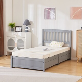 Four Large Drawers Pinewood Twin Bed With A Curved Vertical Headboard