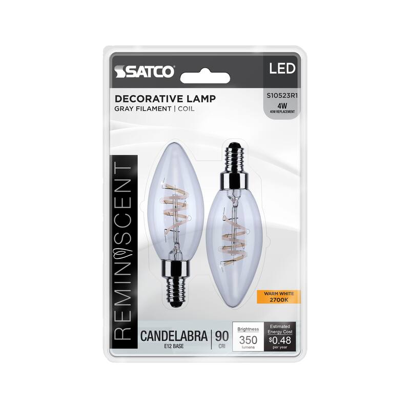 4 Watt B11 LED Reminiscent Flex Gray Coil Filament E12 Base 2700K 120V 2 Pack - Clear