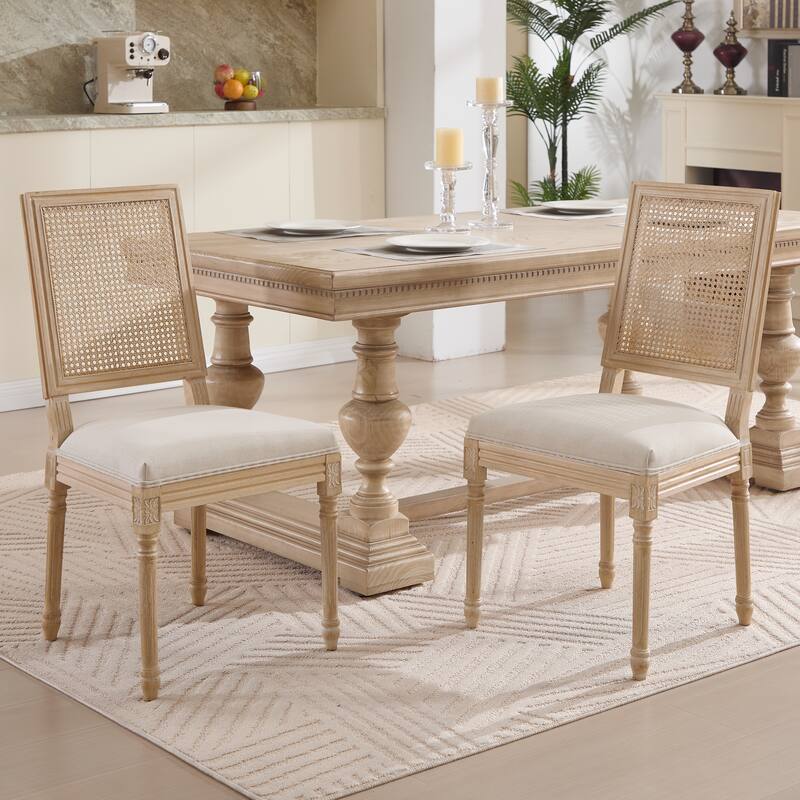 French Country Dining Chairs Set of 2, Upholstered Chairs with Nature Rattan Square Back, Wire drawing and carving techniques