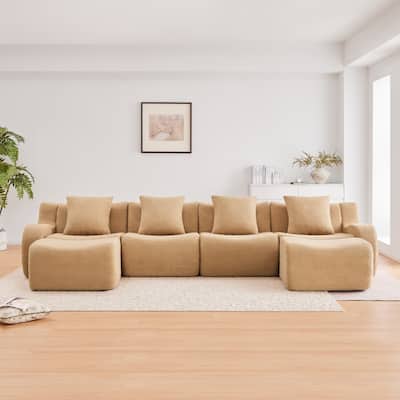 148" Premium Teddy Fabric U-shaped Modular Curved Armrests Boneless Sofa Set