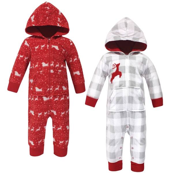 slide 1 of 1, Hudson Baby Infant Fleece Jumpsuits, Coveralls, and Playsuits 2pk, Santas Sleigh 0 - 3 Months - Grey/Red