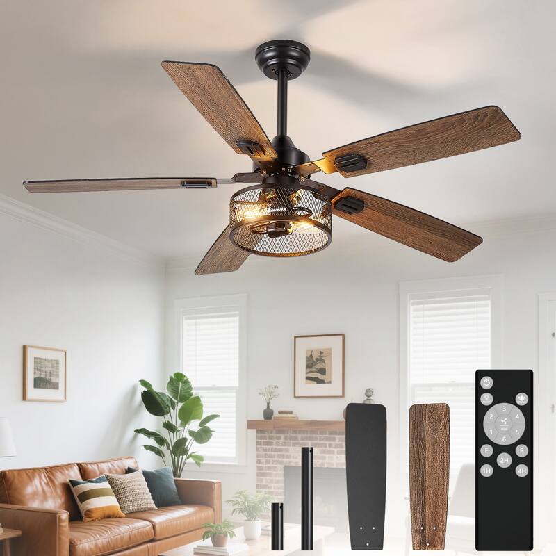 42-52Inch Caged Ceiling Fans with Lights: Dual Finish 5 Blades - Rustic with Remote Control (E26 Bulb Included) - 52in - Black-02