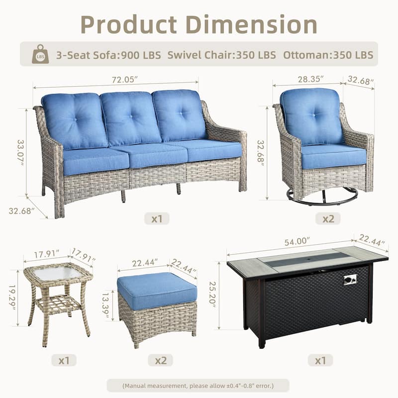 ​​OVIOS 7 Pieces Outdoor Wicker Swivel Chair Set with 54" Fire Table​