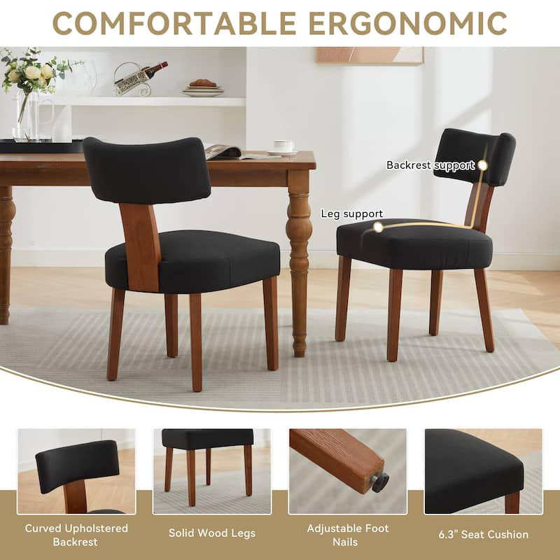 Set of 2 Upholstered Dining Chairs with Curved Backrest, Wooden Legs