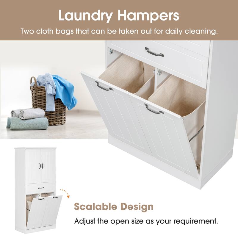 Tall Laundry Floor Cabinet with Removable Baskets, Waterproof Bathroom Storage Cabinet with Adjustable Shelf & Drawer