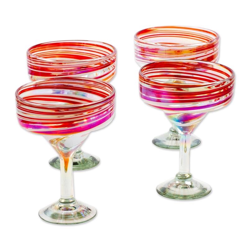 NOVICA Artisan Handblown Recycled Margarita Glasses Red Mexican Tableware Drinkware 'Fineness Enchantment' (Set of 4)