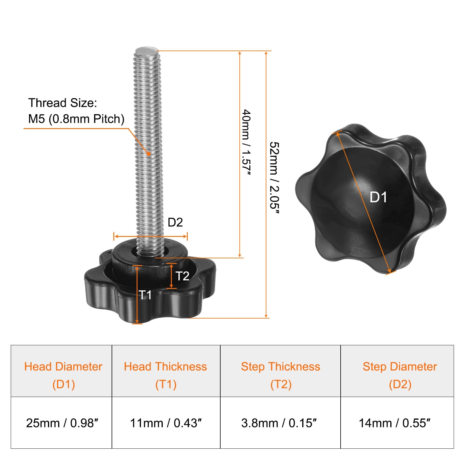 Star Knobs Stainless Steel Threaded Stud Plastic Star Head Hand Tightening Thumb Screw Jig Knob Handle - Black