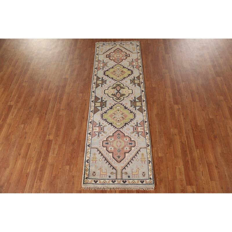 Geometric Beige Kazak Indian Runner Rug Handmade Wool Carpet - 2'5"x 7'8"