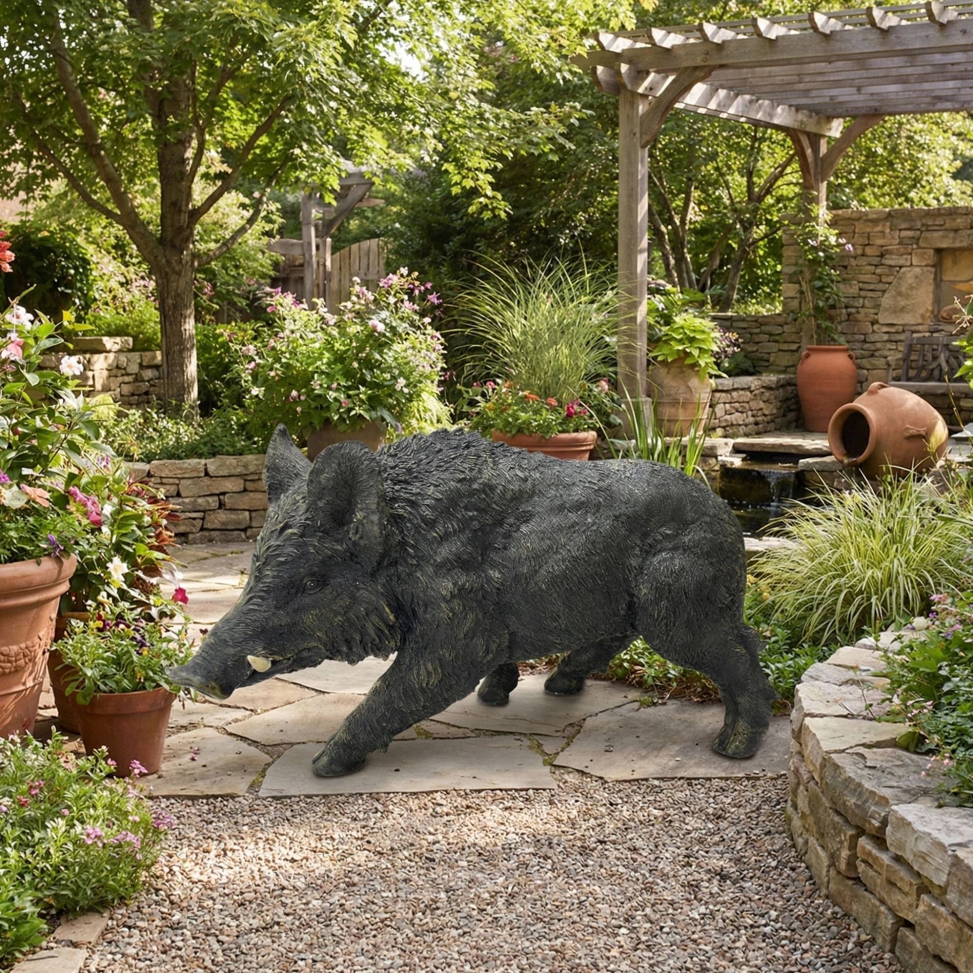 12.20"H x 21.26"L Simulated Wild Boar Resin Garden Statue, Indoor & Outdoor Decorative Ornament, Courtyard Art Craft Decoration