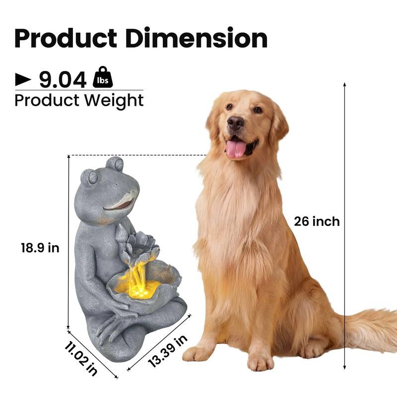 Outdoor Meditating Frog Water Fountain with Lotus Accents 18.9in Tall and Lights