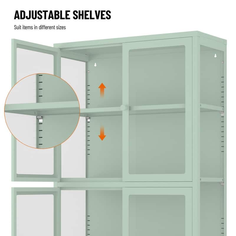 Storage Cabinet with 4 Glass Doors, Modern Sideboard Cabinet with Adjustable Shelves & Steel Feet, Accent Cabinet for Kitchen