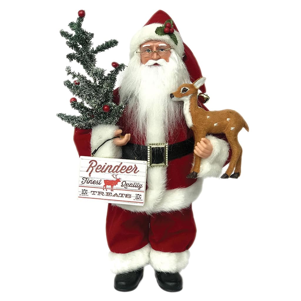 16" Standing "Reindeer Treats" Santa Claus Christmas Figure with Pine Tree