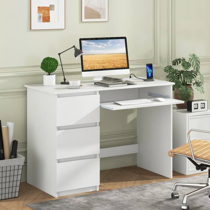 Costway Computer Desk with Power Outlet Keyboard Tray & 3 Large