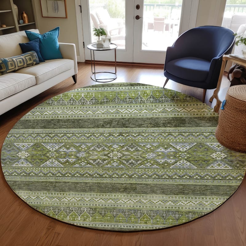 Machine Washable Indoor/ Outdoor Chantille Tribal Boho Rug - Olive - 8' x 8'