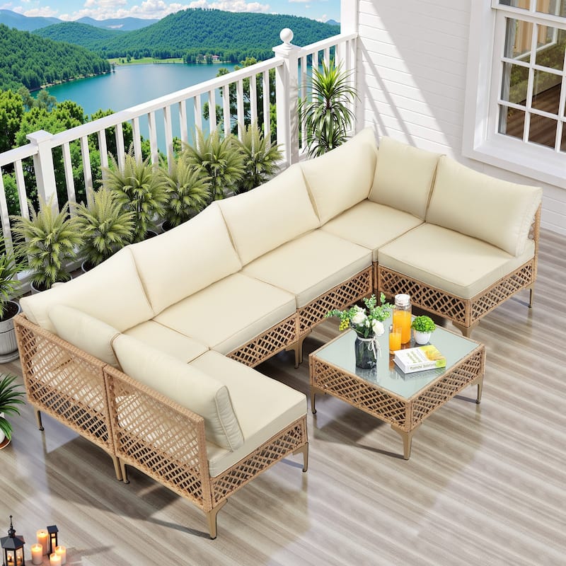 7-Piece Wicker Patio Conversation Set with Cushions,6 Sofas, 1 Table - Beige