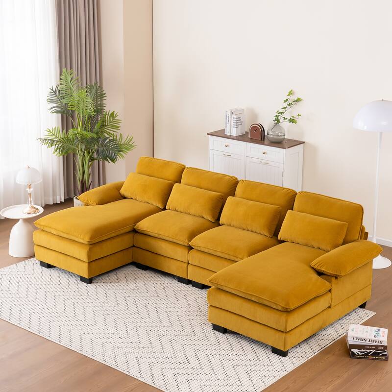 U Shape 111.8"Modern Comfort Combination Sectional Sofa,4-seat Velvet Fabric Upholstered Sofas with Chaise Lounge & Pillows - Yellow