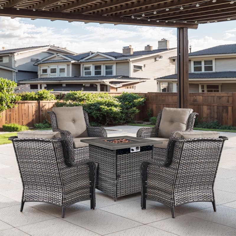Gymojoy 5-Piece Outdoor Wicker Patio Furniture with Fire Pit Table, Rattan Coversation Set with Water Resistant Thick Cushions - Grey Wicker / Grey Cusion - 5-Piece