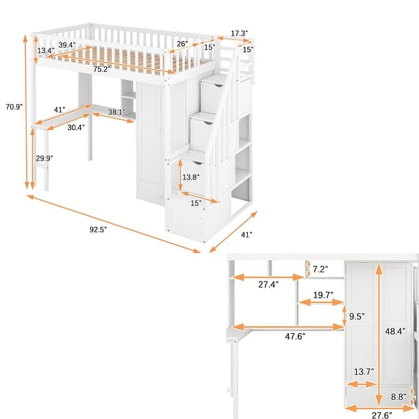 dimension image slide 0 of 2, Modern Twin Size Loft Bed with Bookshelf,Drawers,Desk,and Wardrobe