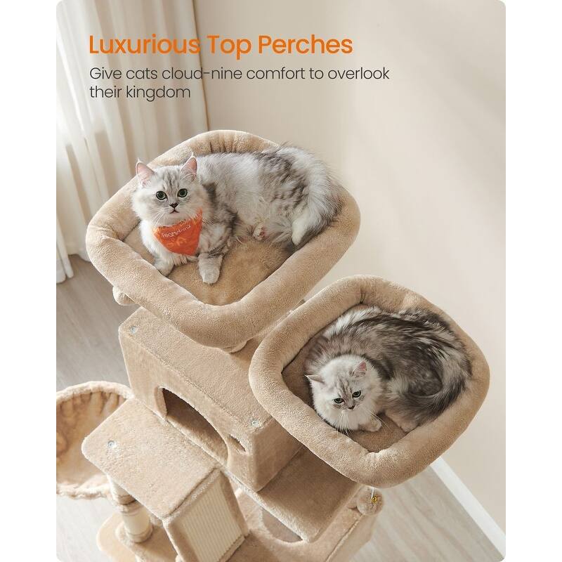 Cat Tree, 66.1-Inch Large Cat Tower with 13 Scratching Posts, 2 Perches, 2 Caves, Basket, Hammock, Pompoms