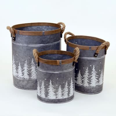 Rope Handles Brown Trim And White Tree Patterns Metal Planters (Set Of 3)