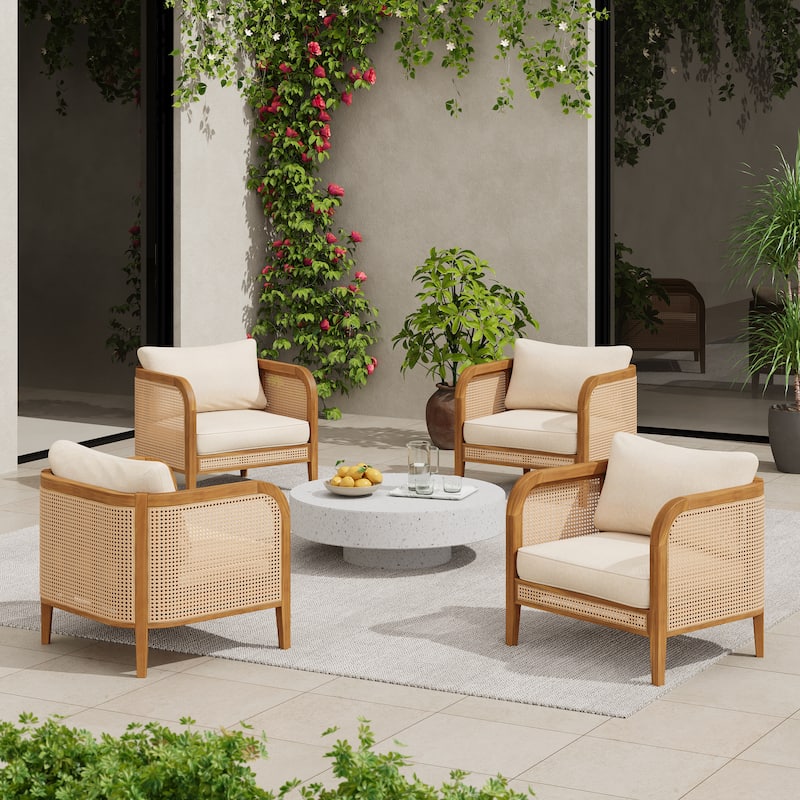 Christopher Knight Home - Isabella Outdoor Patio Acacia Wood Wicker Armchair with Cushions - 4-Piece - Teak Finish+Beige Cushion