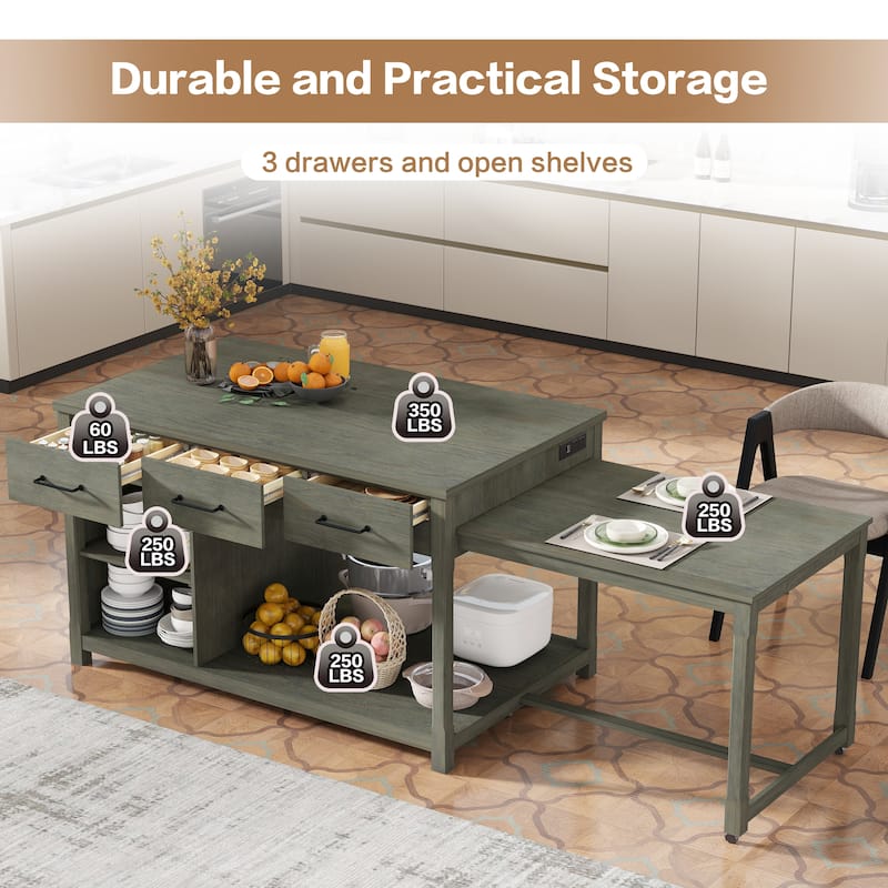 Extendable Kitchen Island with Storage, Kitchen Cart with Built-In Power Outlets, Kitchen Cabinet with Open Shelves