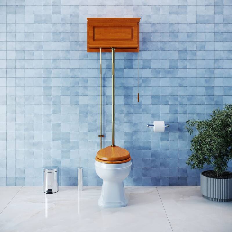 High Tank Toilet - Light Mahogany Raised Tank, White Elongated Bowl and Brass Z Pipe Renovators Supply