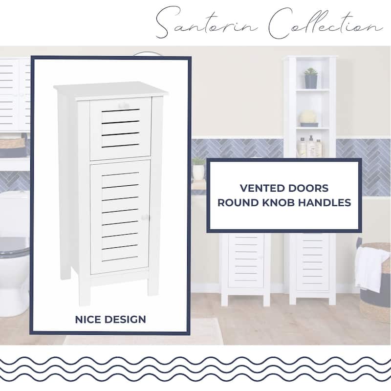 Santorin Compact White Bathroom Storage Cabinet with Drawer and Vented Door - 14.7"L x 11.13"W x 32.12"H