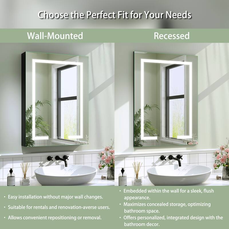 Rectangular Aluminum Recessed/Surface Mount Frameless Anti-Fog Medicine Cabinet with Dimmable LED Lights