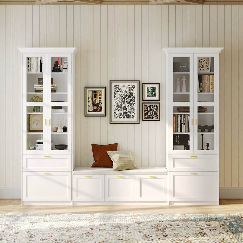 Display Cabinet Set w/Tempered Glass Doors and Storage Bench Bookshelves Bookcase