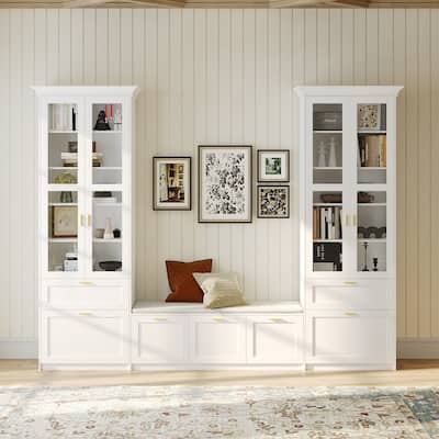 Display Cabinet Set w/Tempered Glass Doors and Storage Bench Bookshelves Bookcase