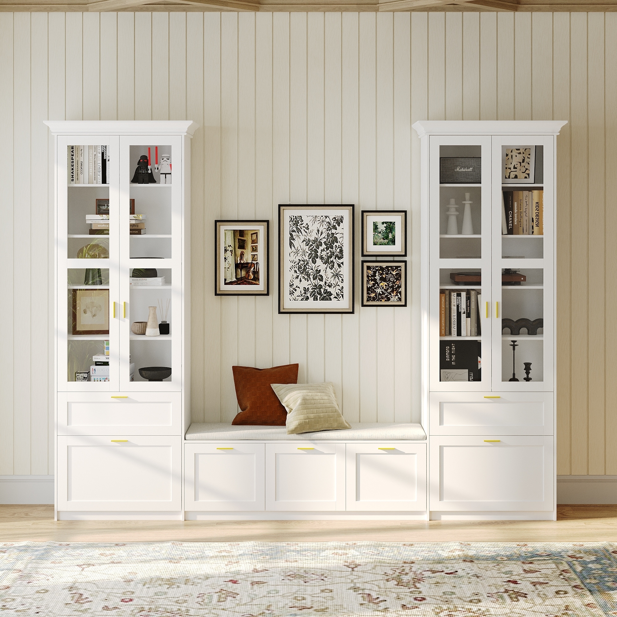 Display Cabinet Set w/Tempered Glass Doors and Storage Bench Bookshelves Bookcase