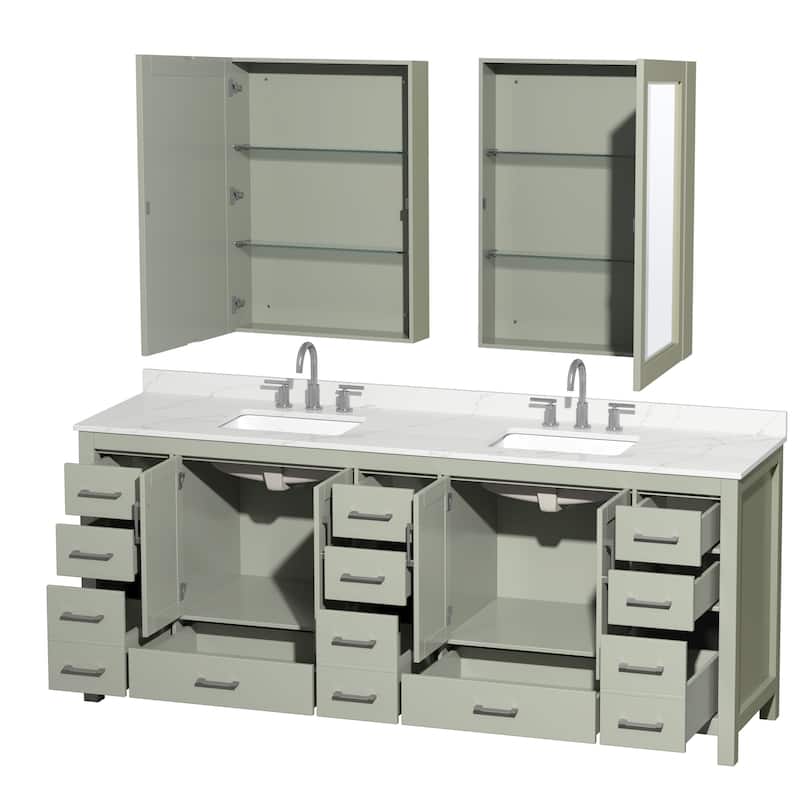 Sheffield 84-inch Double Vanity, 3 Hole Quartz Top, Med Cabinets