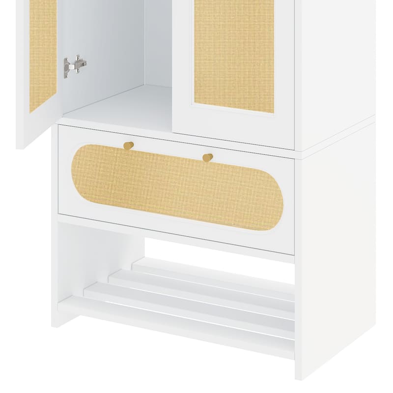 70" Tall Wardrobe Armoires Closet Storage Rattan Style with Drawers & Hanging Rod