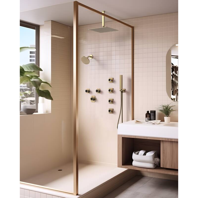 GRANDJOY Dual Shower Heads 12" Ceiling and 6" Wall Mount Body Jets Handheld Shower Spray Rainfall Shower Faucet Set